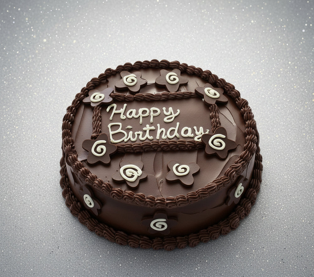 Dark Chocolate Birthday Cakes — a dark birthday message panel and chocolate-coloured piped border; India