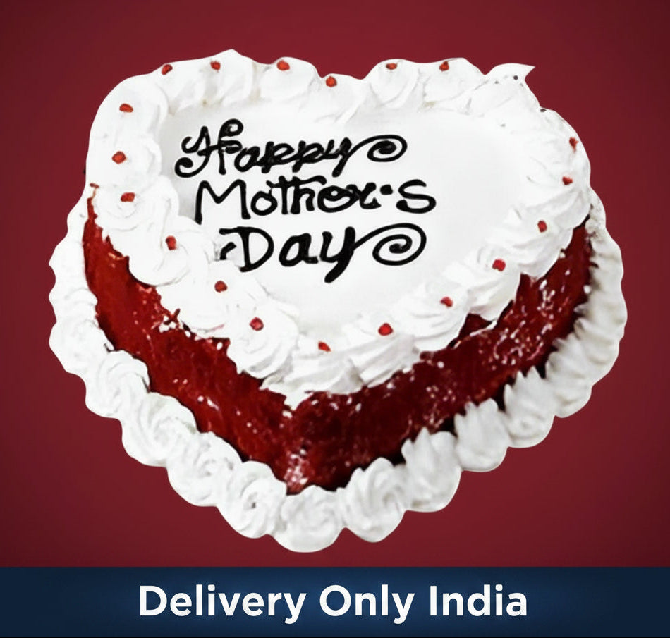 Special Heart-Shaped Cake — white piping, red sides and a Mother's Day greeting; India