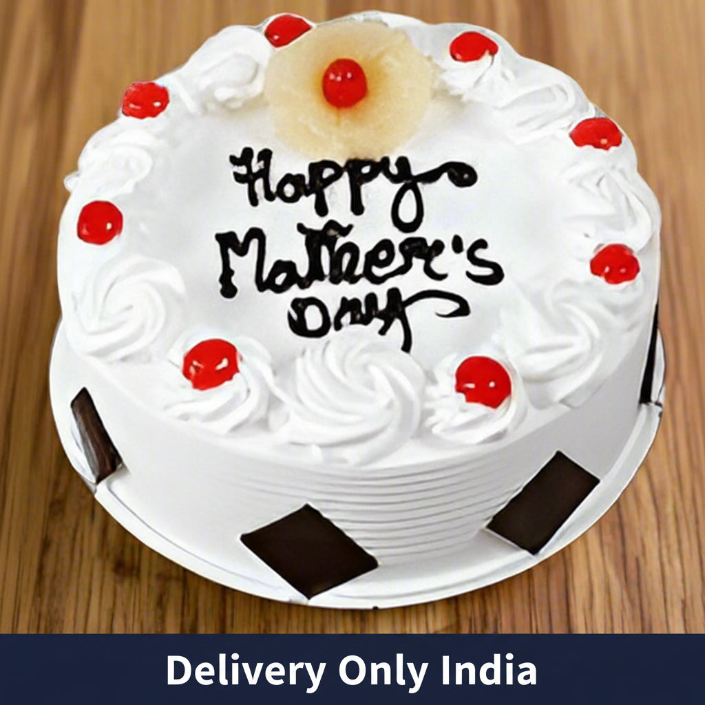 Pineapple Flavour Cake — white rosettes, red accents and dark side panels; India