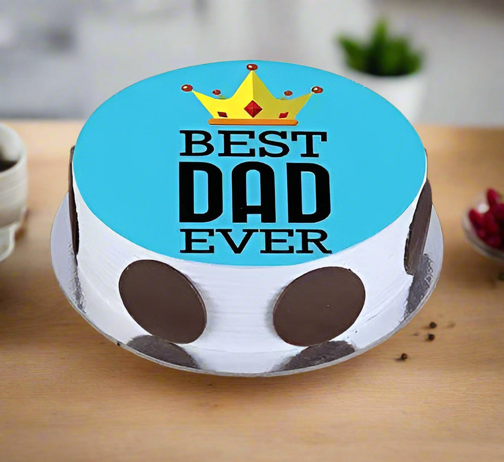 Mere Papa Photo Style Cake — blue dad-message top and pale-and-dark circular side panels; India