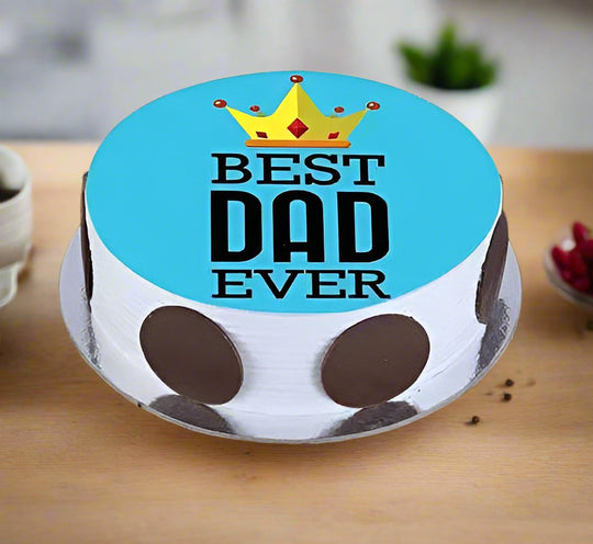 Mere Papa Photo Style Cake — blue dad-message top and pale-and-dark circular side panels; India
