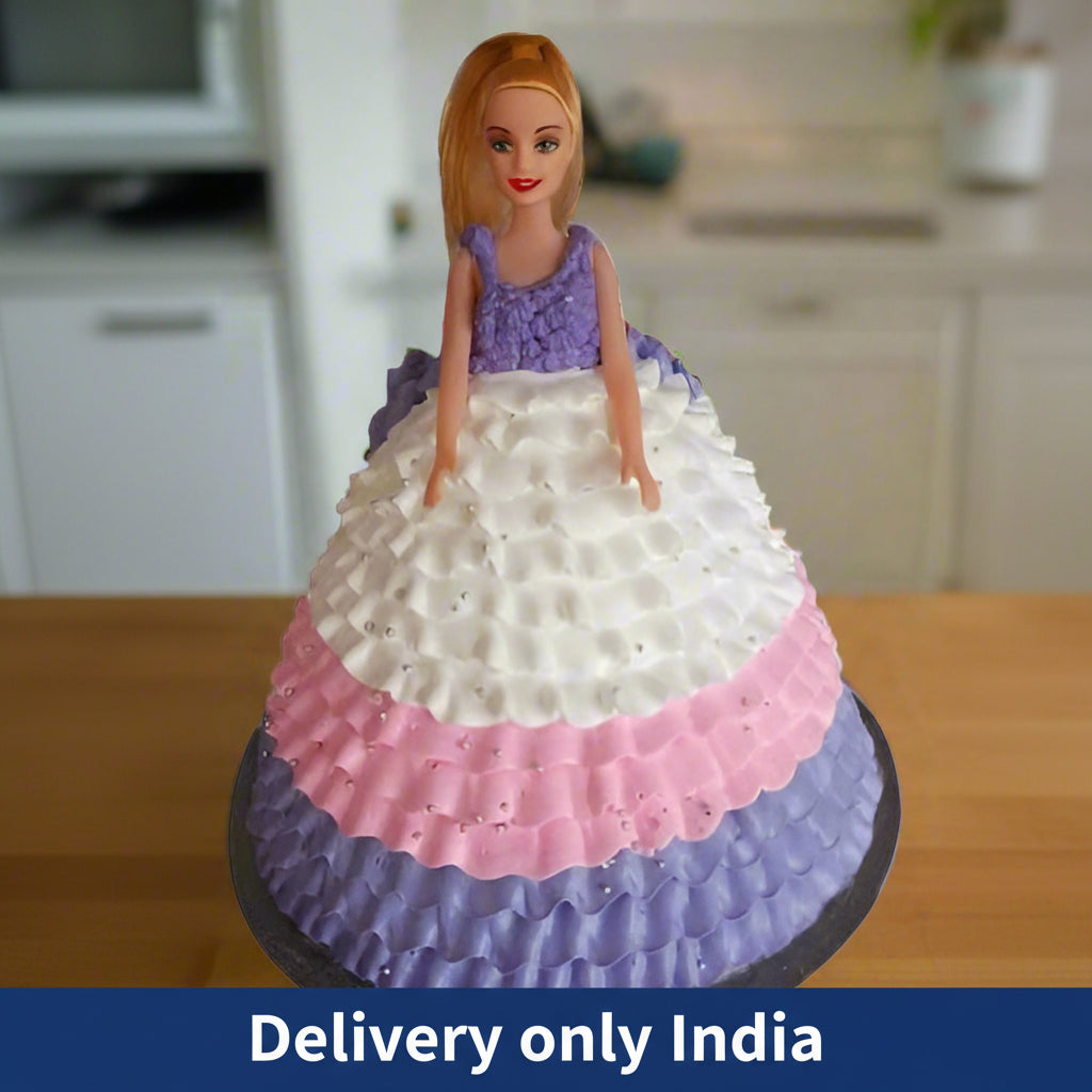 Barbie Cake — white, pink and purple layered skirt piping; India