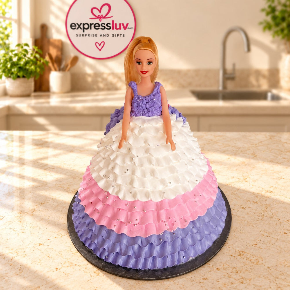 Barbie Cake, photographed on a sunlit marble counter — delivery in India