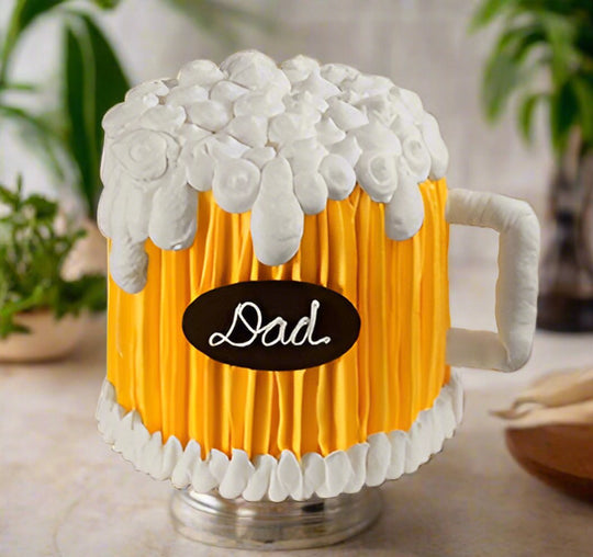 Golden Best Dad Beer Mug Theme Cake — golden ridged beer-mug styling with a white foam-style top; India