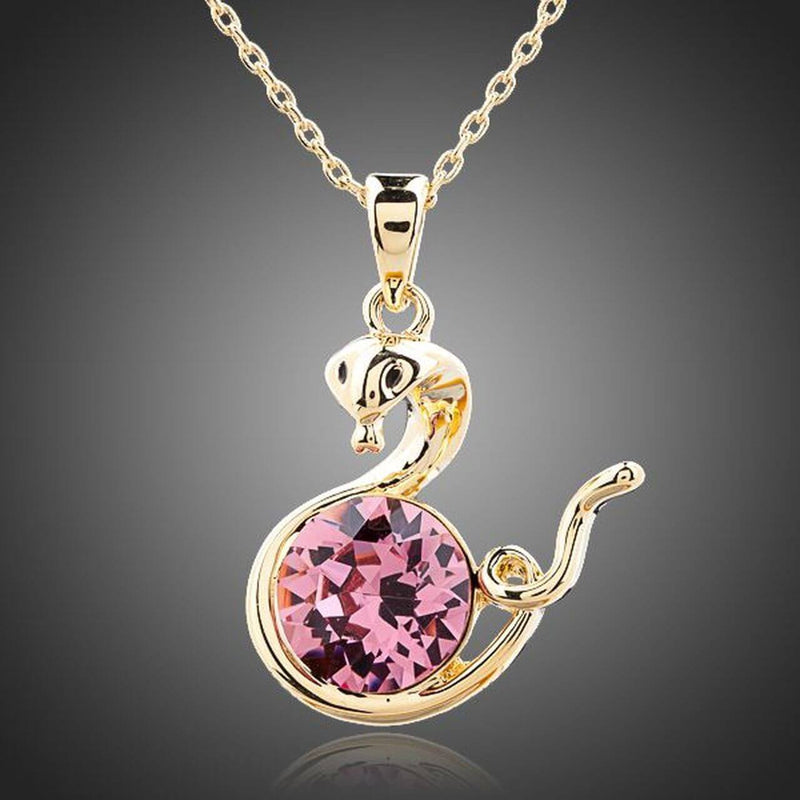 Friendly Snakes 18K Gold Plated Pink Stellux Austrian Crystal Necklace