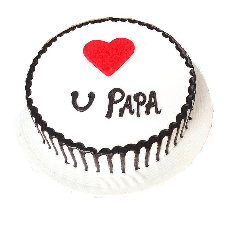 Love You Papa Drip Cake — white top with heart and papa lettering and dark drip edging; India