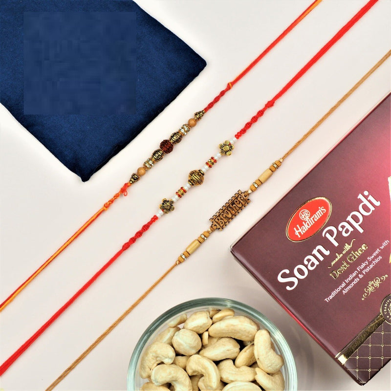 Three Traditional Rakhi Set with Cashew and Soan Papdi - FOR NEW ZEALAND