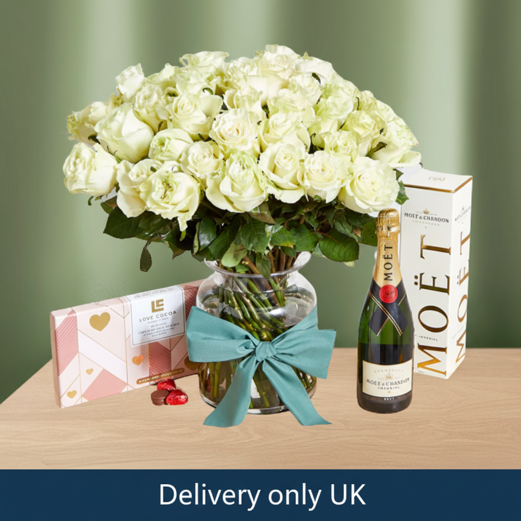 White Roses with Moët Champagne & Chocolates – UK Delivery