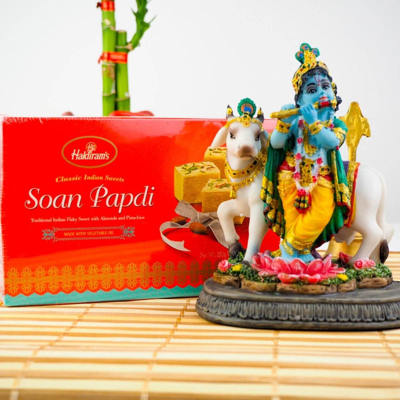 Krishan Ji with Cow Statue 5inch With Soan Papdi - FOR AUSTRALIA
