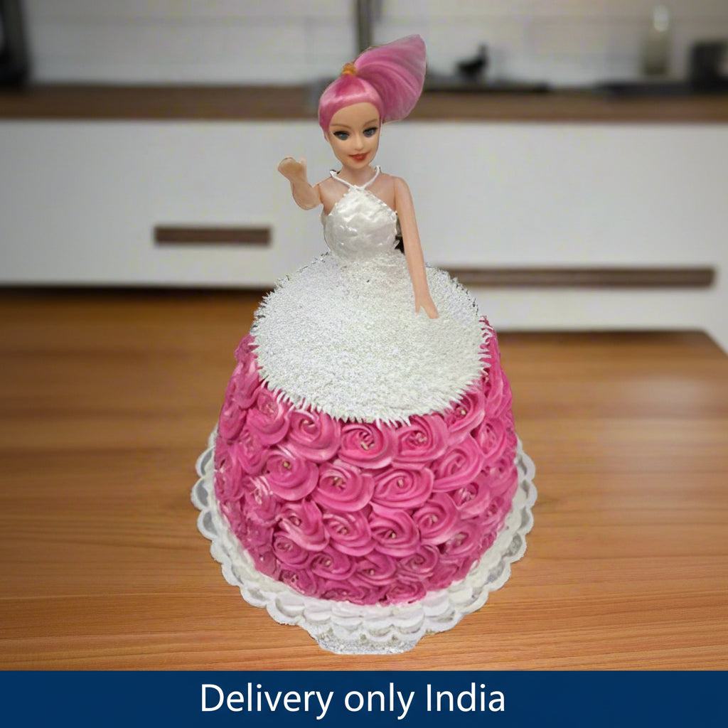 Cute Barbie Cake — pink rose-style lower skirt and pale upper bodice design; India