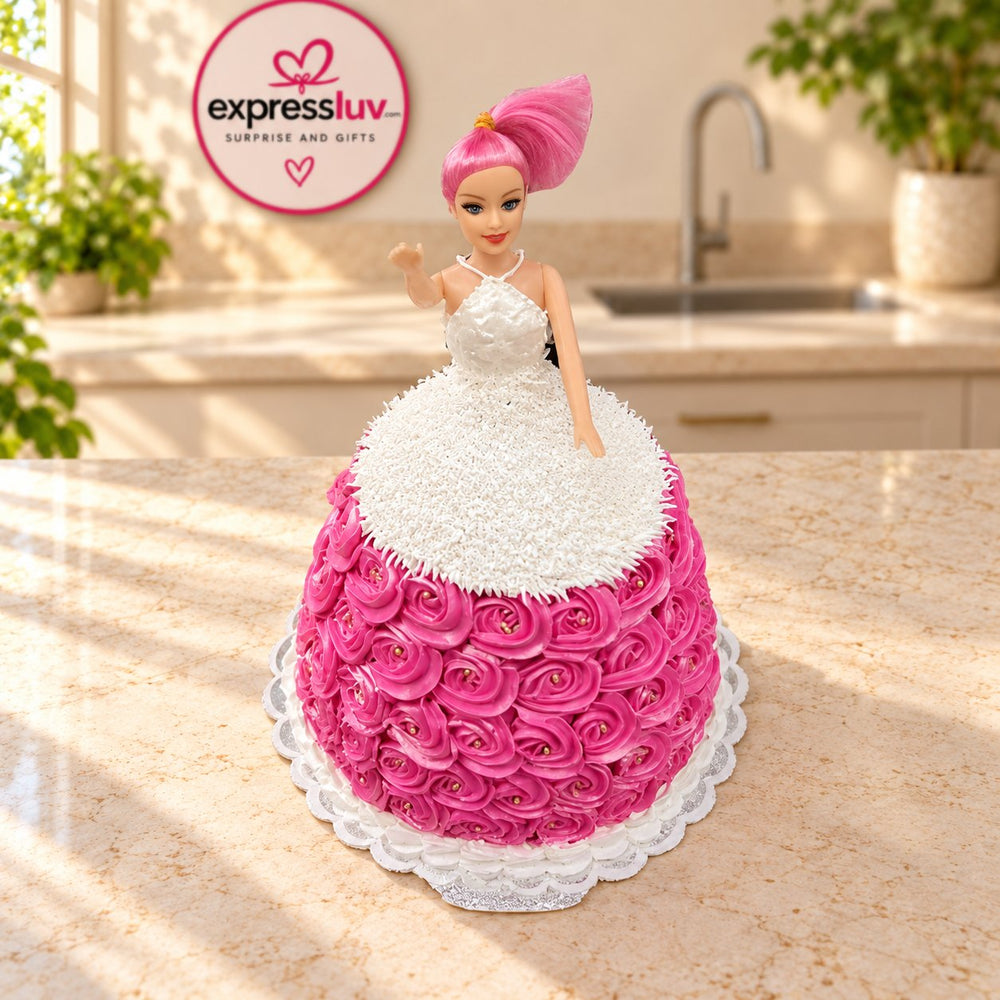 Cute Barbie Cake, photographed on a sunlit marble counter — delivery in India
