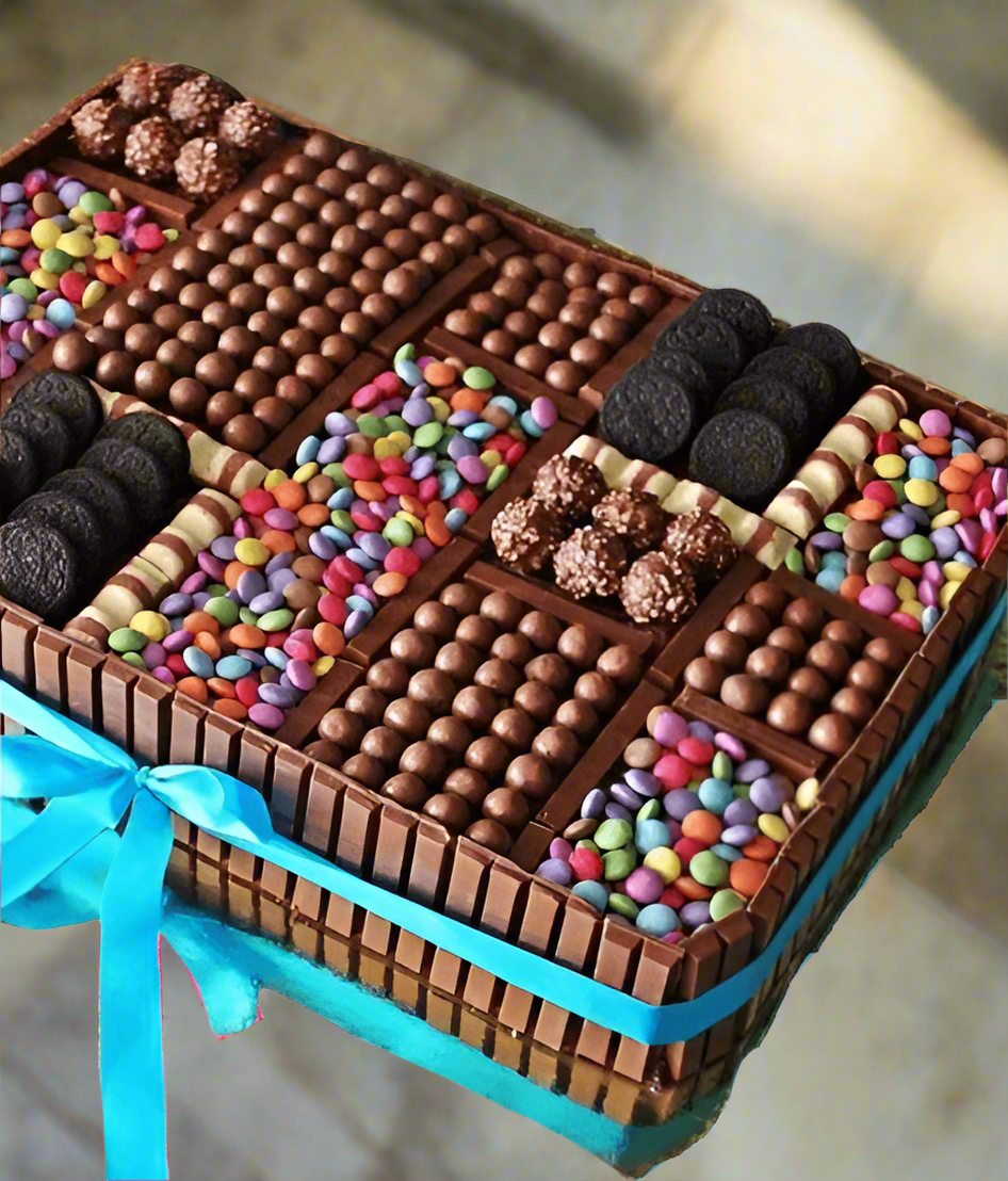 Chocolate Assortment Square Cake — chocolate-bar sides and multiple sections of chocolate-and-candy toppings; India