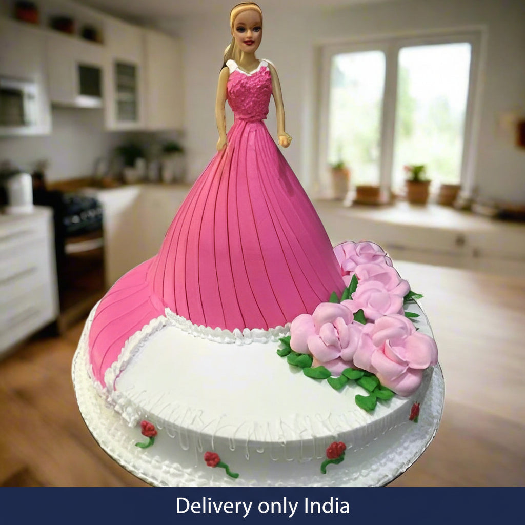 Fantasy Barbie Cake — a pleated pink skirt above a white floral base; India