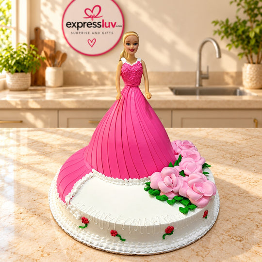 Fantasy Barbie Cake, photographed on a sunlit marble counter — delivery in India