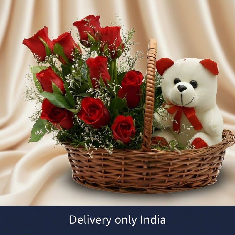 Red Roses Basket and Teddy - India