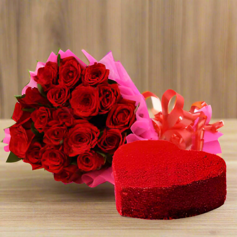 Red Velvet Cake and Red Roses Bouquet Combo For Valentine's day