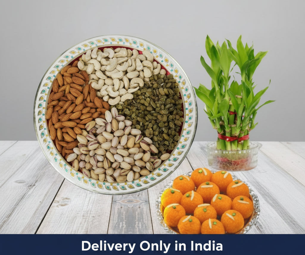 Dry fruits, Money plant & besan laddoo