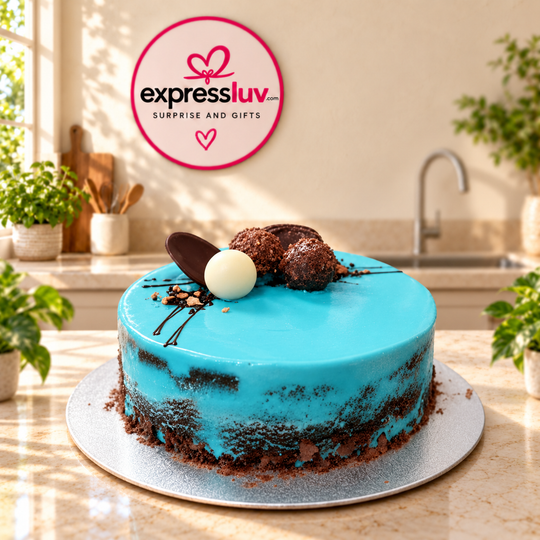 Chocolate Mud Cake design, photographed on a sunlit marble counter — delivery in India
