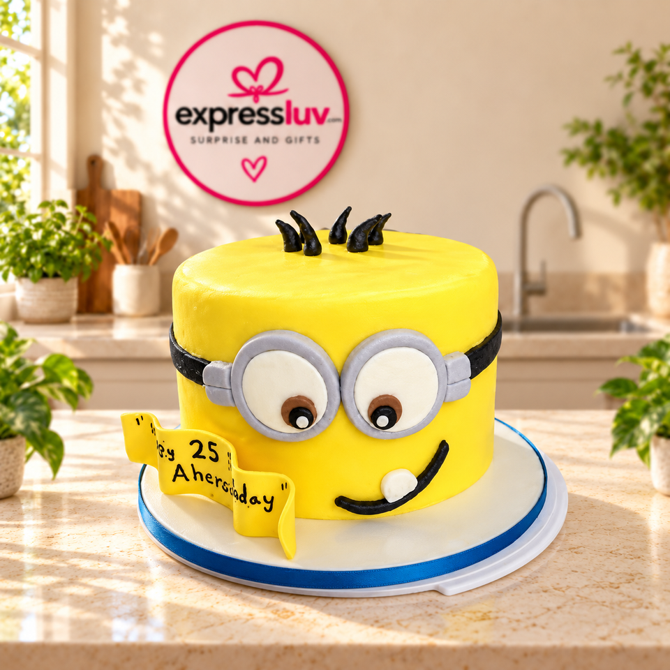 Minion Kids Birthday Cake design, photographed on a sunlit marble counter — delivery in India
