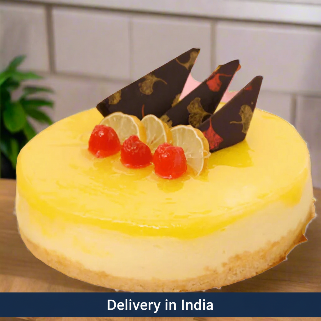 Lemon Cheesecake - 1 kg — yellow cheesecake top, red cherry accents and dark decorative panels; India
