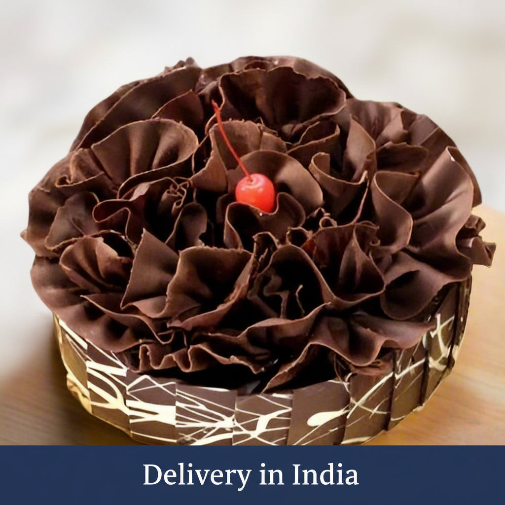 Flower Chocolate Cake — large chocolate-coloured flower-style topping and dark patterned sides; India