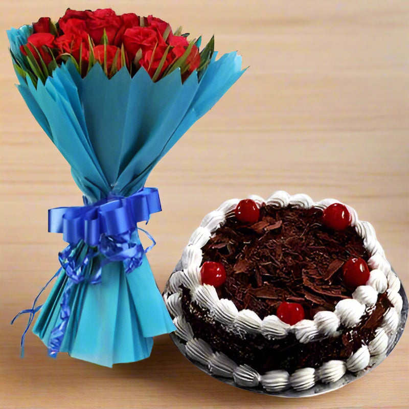 Combo of red Roses and Black Forest Cake - India