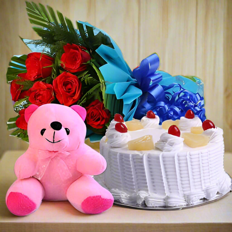 Love Teddy bear with Cake & Flowers - India