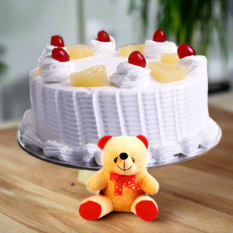1kg Pineapple Cake and Teddy - India