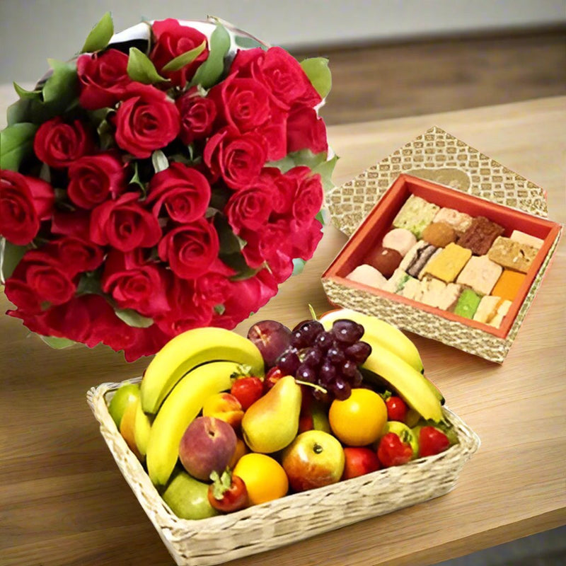 Fruits - Roses - Mithai Combo - India