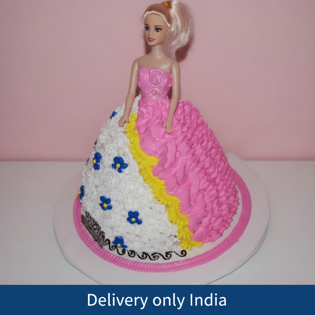 Princess Barbie Cake — a pink-and-white skirt with blue floral accents; India