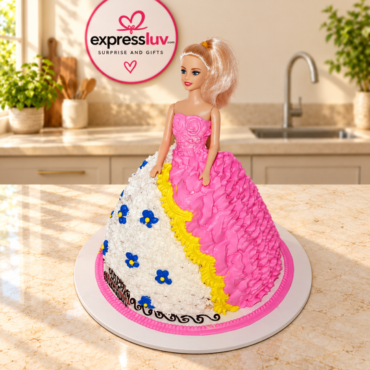 Princess Barbie Cake, photographed on a sunlit marble counter — delivery in India