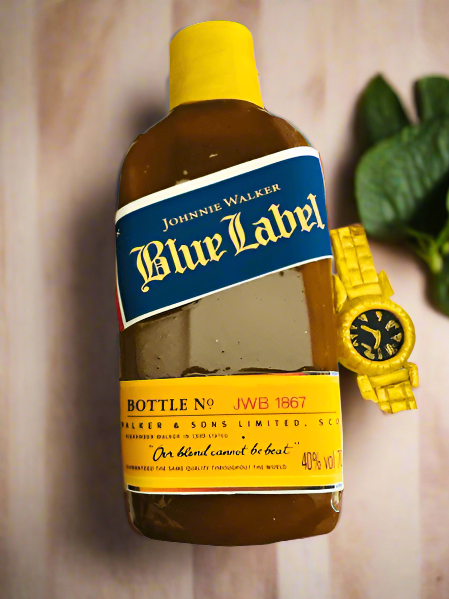 Blue Label Bottle Theme Cake — golden bottle design with a blue label-style panel; India