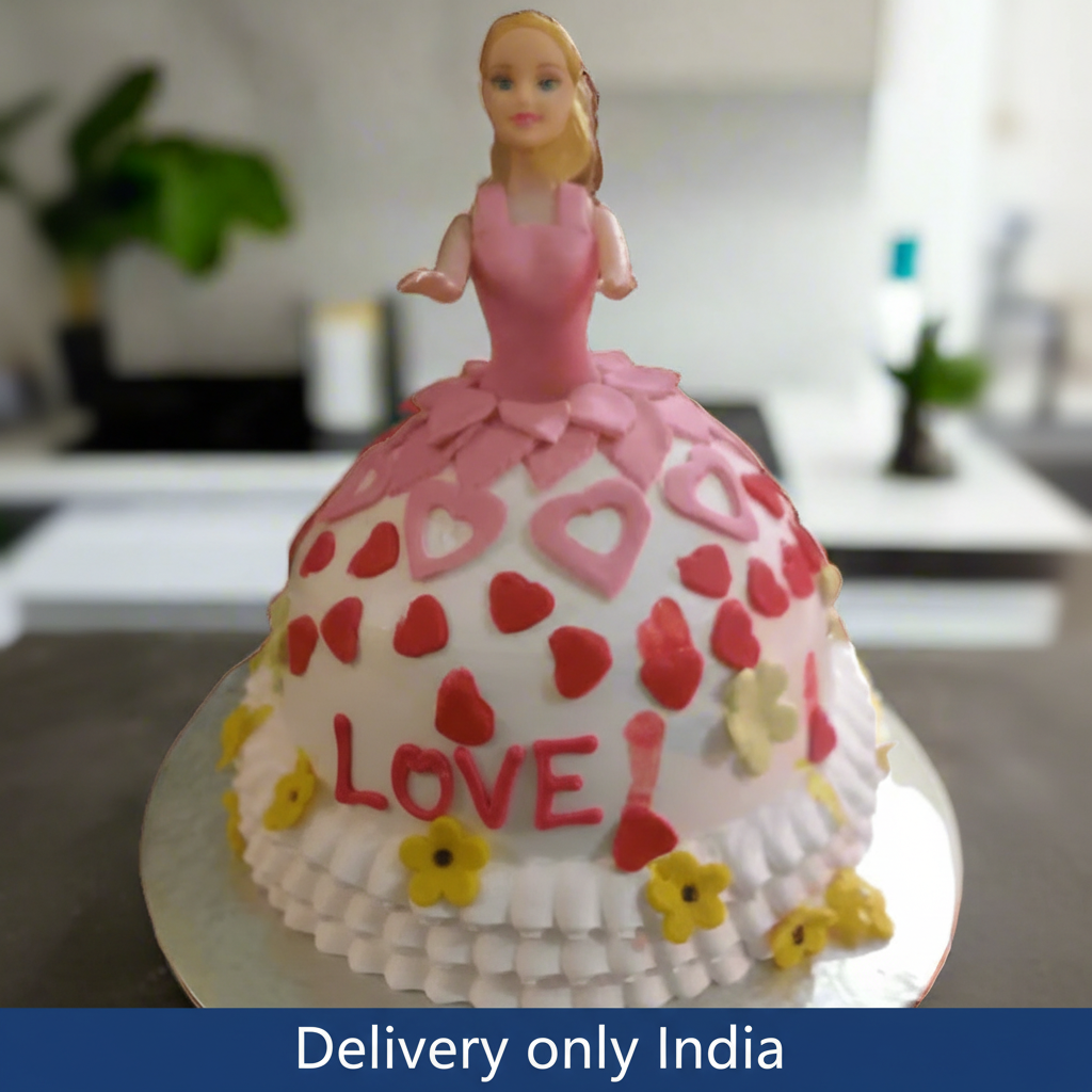 Hello Barbie Cake — white-and-pink heart motifs and love lettering; India