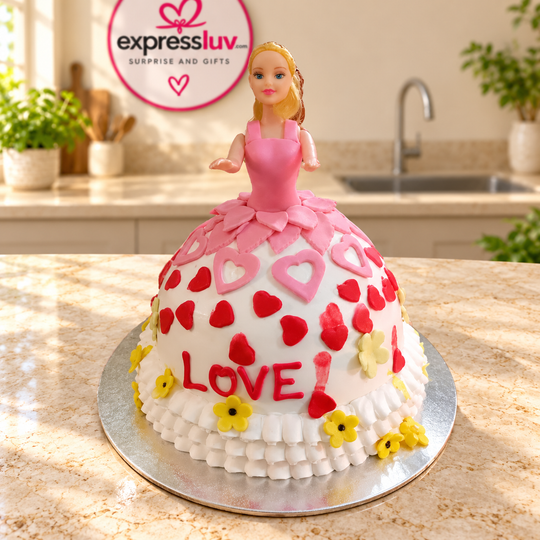 Hello Barbie Cake, photographed on a sunlit marble counter — delivery in India