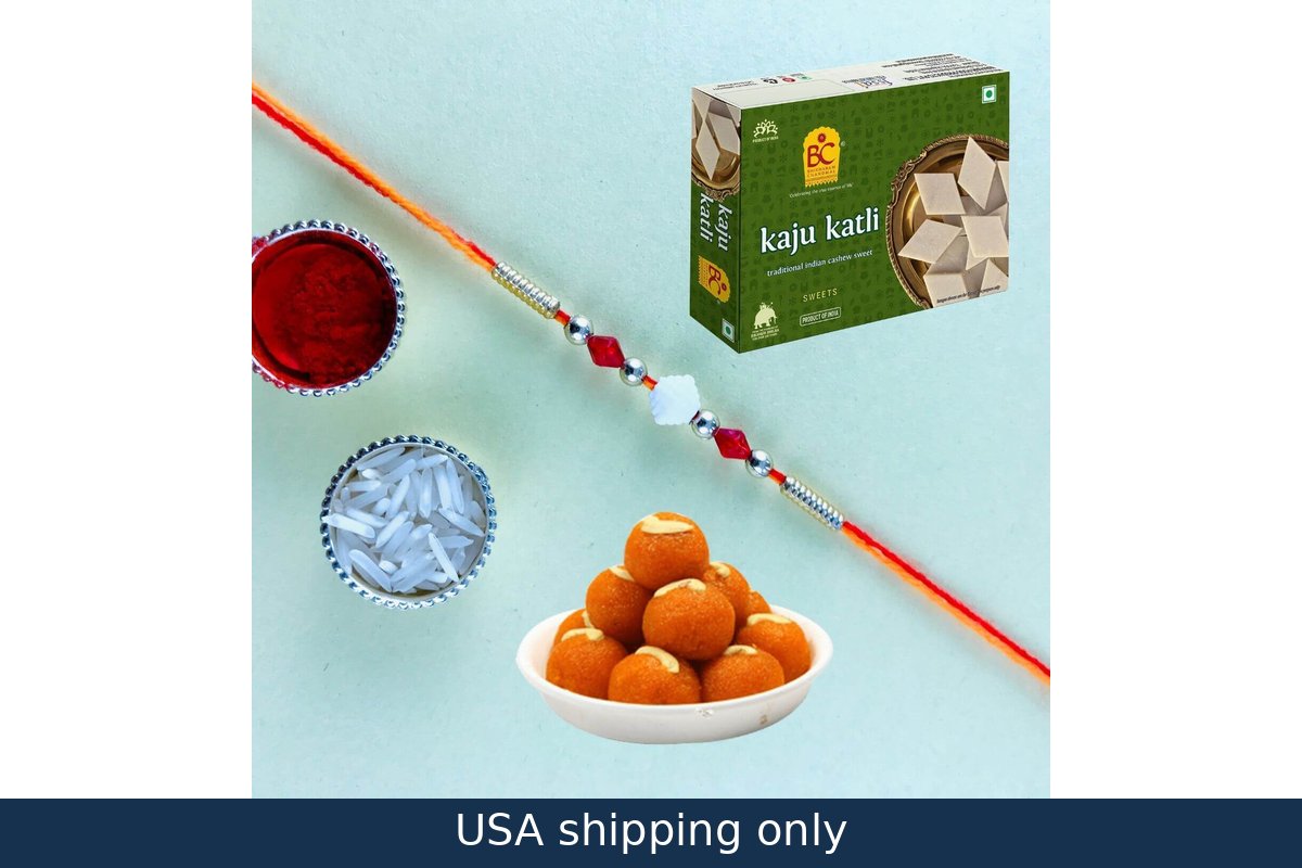 A photo showing a colorful Rakhi with mixed mithai (sweets) and a box labeled 'Kaju Kati' in the background, indicating a possible packaging for the product.