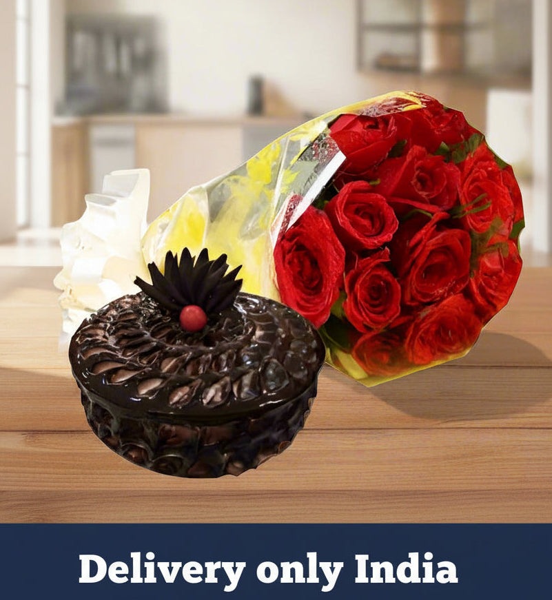 Red Roses Bunch & Chocolate Cake – India