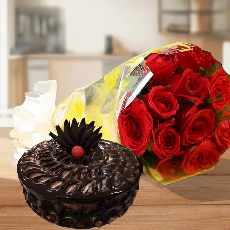 Red Roses Bunch and Chocolate Cake Combo - India