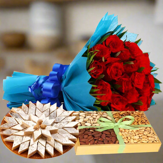 Gift combo: Sweets, dry fruits, bouquet