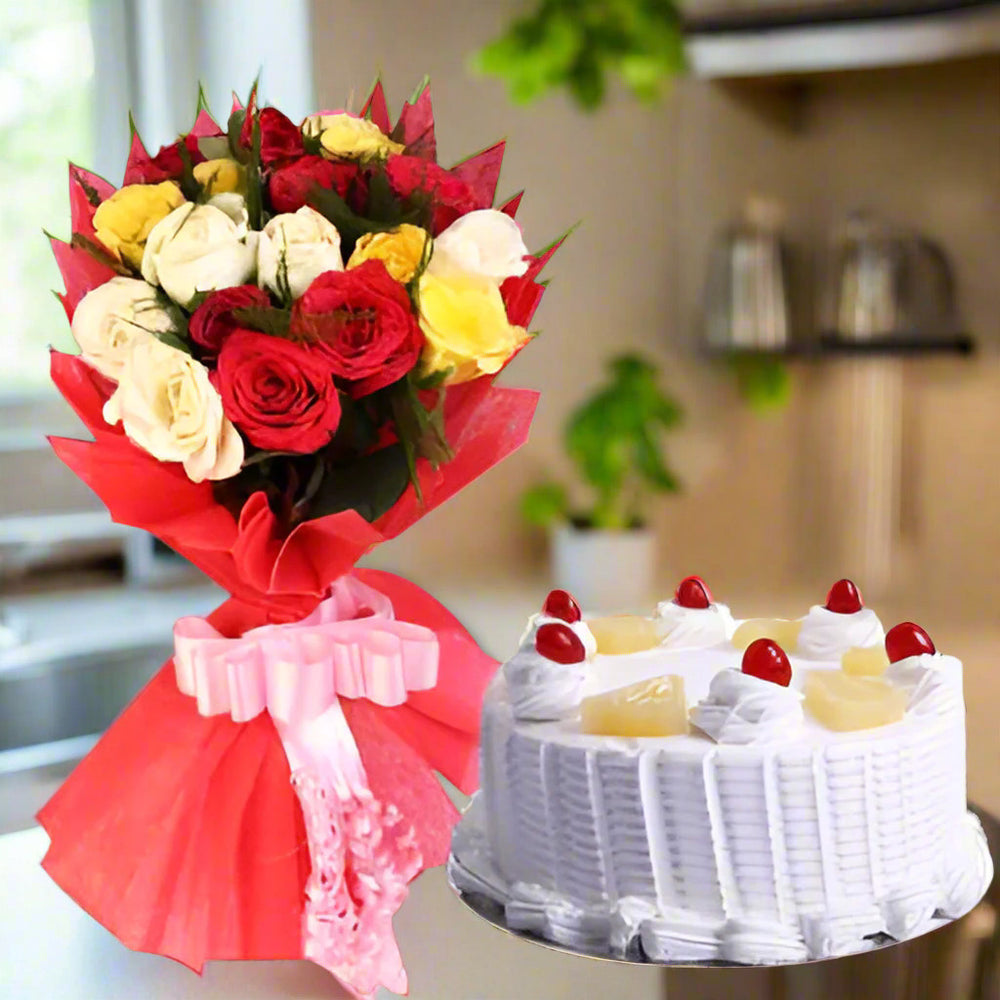 Mixed Roses and Cake combo in Canada