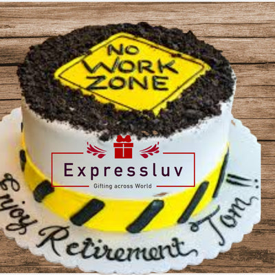 No Work Zone Retirement Cake — retirement-themed sign motif, dark crumb top and bright striped sides; India
