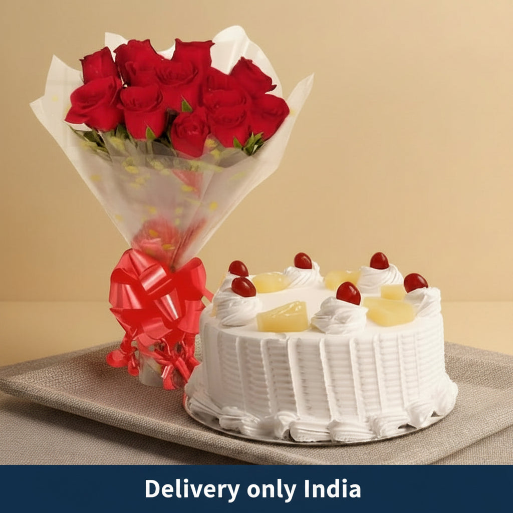Pineapple Cake with Red Roses Bouquet – India