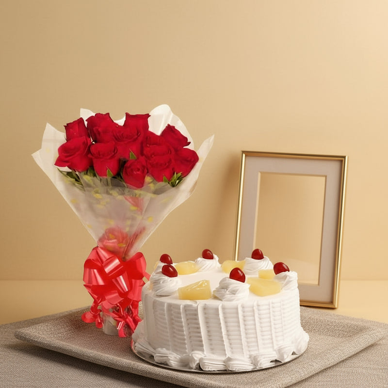 Cake with Red Roses Bouquet - India
