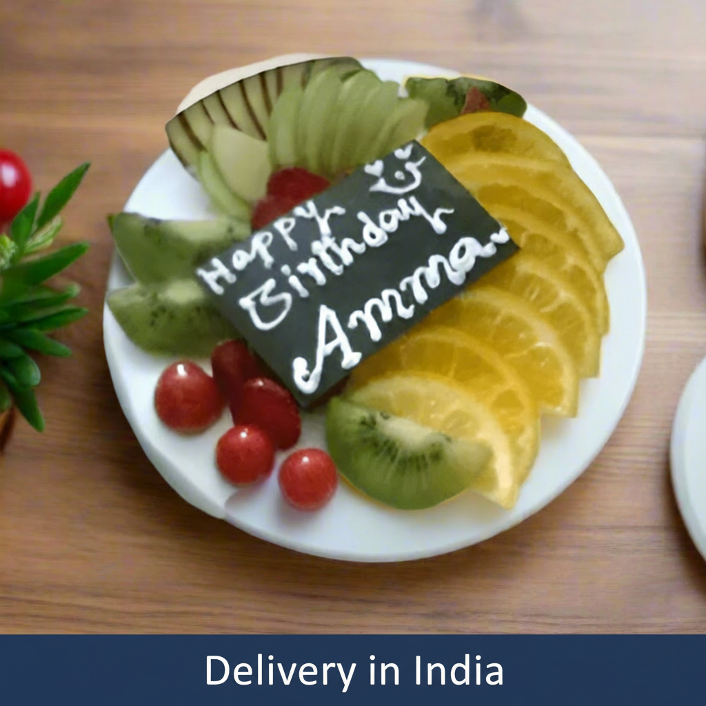 Heart-shaped Fruit Topped Fresh Fruit Cake — pale finish and a curved fan of mixed-fruit slices; India
