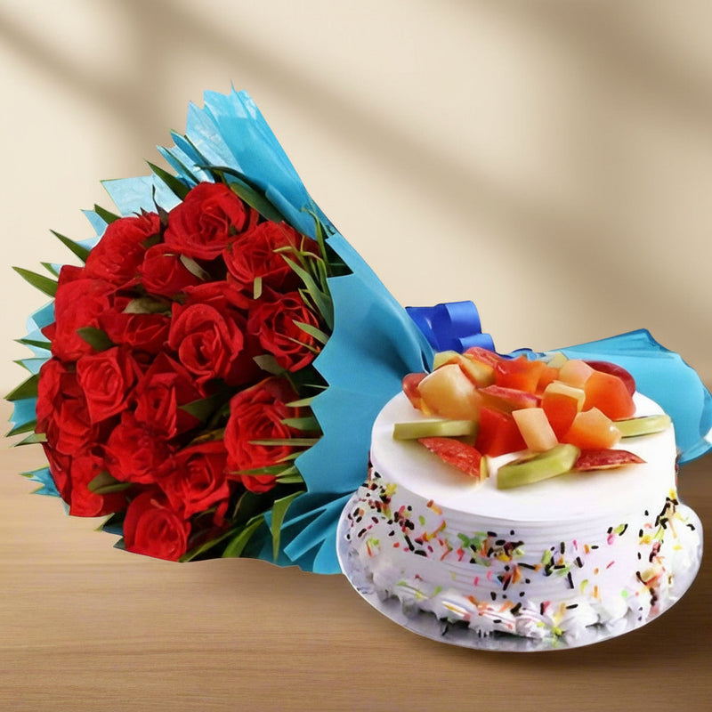 Fruit Cake and Red Roses Bunch - India