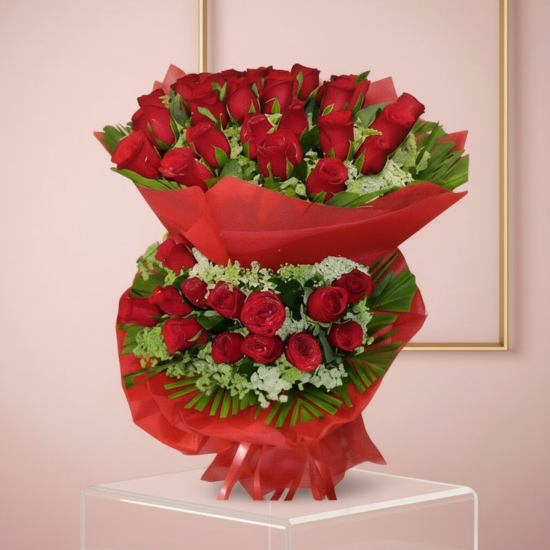 Send Two-Tier Red Roses Bouquet Online to India