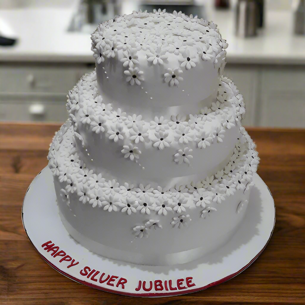Flowers Decor Cake — silver-grey finish and pale flower-patterned edging; India