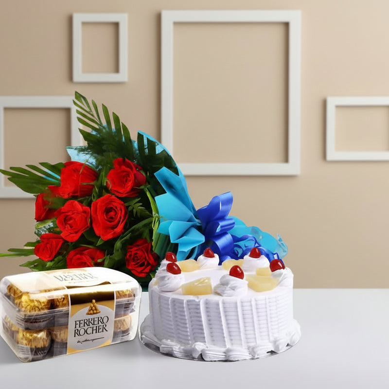 Special Love Combo Gift - Cake, flowers and Ferrero Rocher