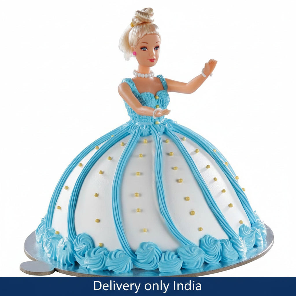 Barbie Doll Cake — a pale skirt with blue edging and decorative blue bands; India
