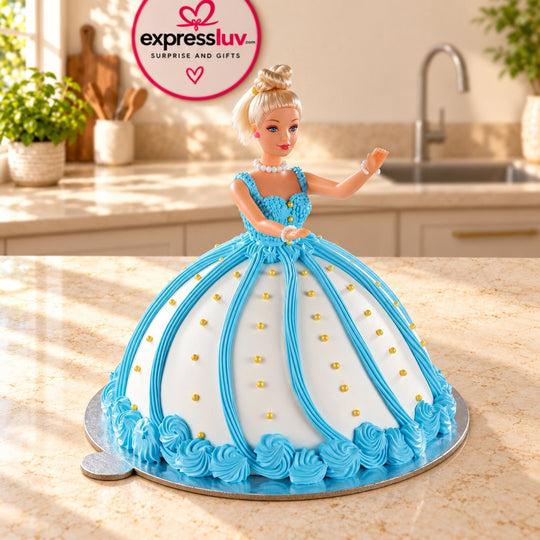 Barbie Doll Cake, photographed on a sunlit marble counter — delivery in India