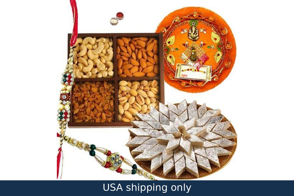 Rakhi to USA - Rakhi Thali with2 Rakhi, Kaju Katli and Dry Fruits (2 Rakhi, 250 Gms. Kaju Katli and 250 Gms. Dry Fruits)